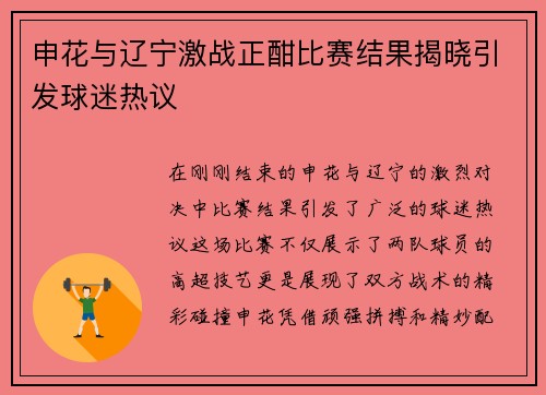 申花与辽宁激战正酣比赛结果揭晓引发球迷热议